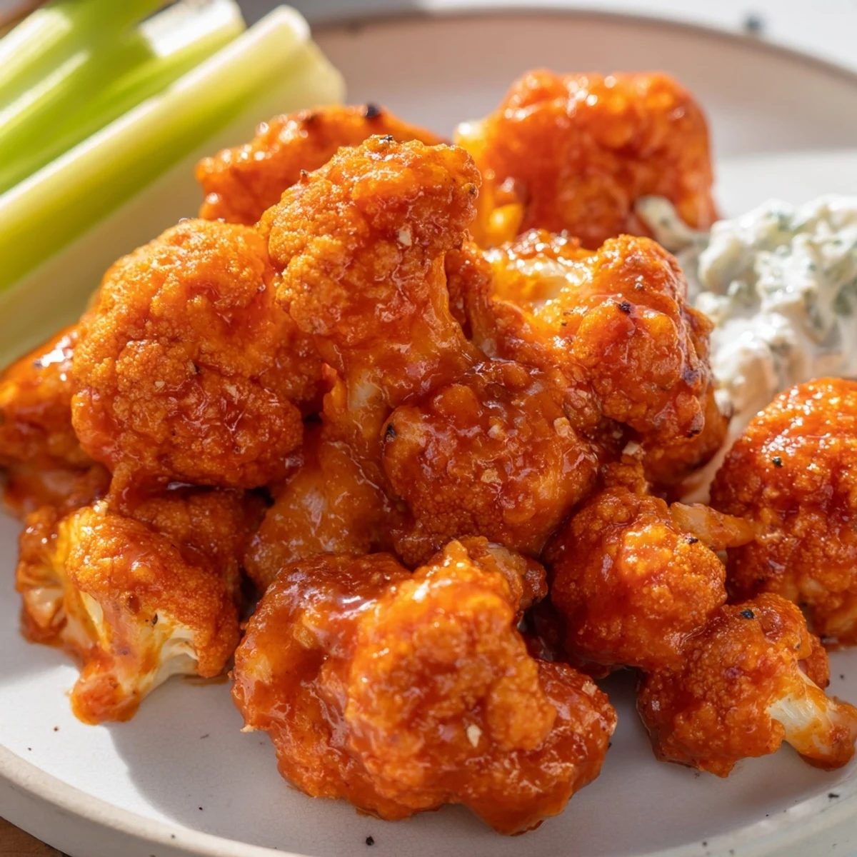 Goldene, knusprige Spicy Buffalo Cauliflower Wings mit einer Würze aus scharfer Sauce auf einem Teller