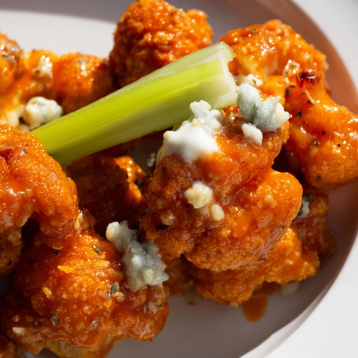Frisch aus dem Ofen: Gebackene Spicy Buffalo Cauliflower Wings mit Stangensellerie und Dip auf Holzuntergrund