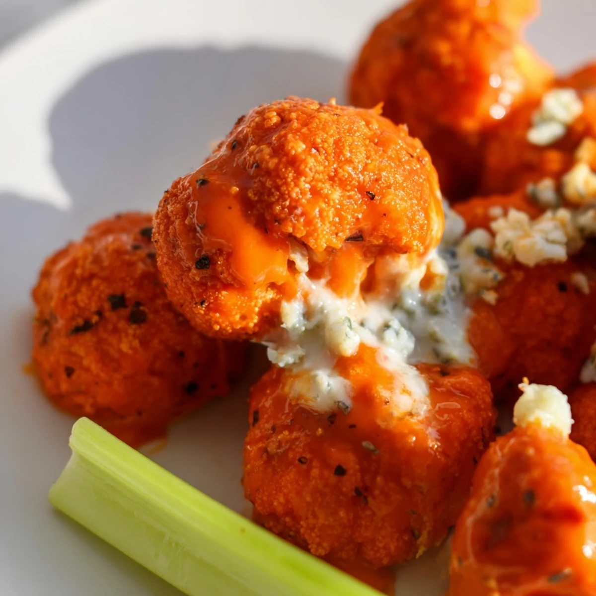 Saftige Spicy Buffalo Cauliflower Wings in einer Schüssel mit cremigem Blauschimmelkäse-Dip und Karottensticks für die Party