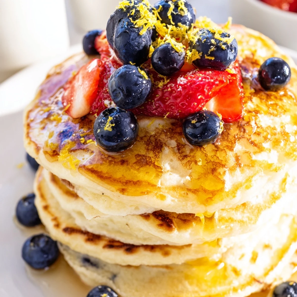 Golden-brown Lemon Ricotta Pancakes with Honey on a rustic plate, topped with berries and a dusting of powdered sugar.