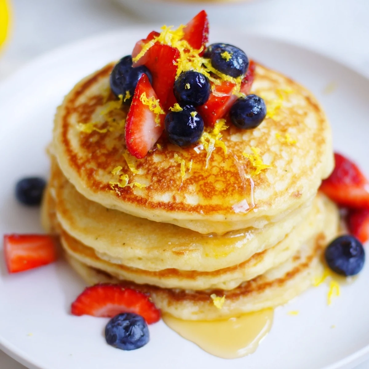 Warm, freshly cooked Lemon Ricotta Pancakes with Honey plated near a zesty lemon wedge and a honey dipper.