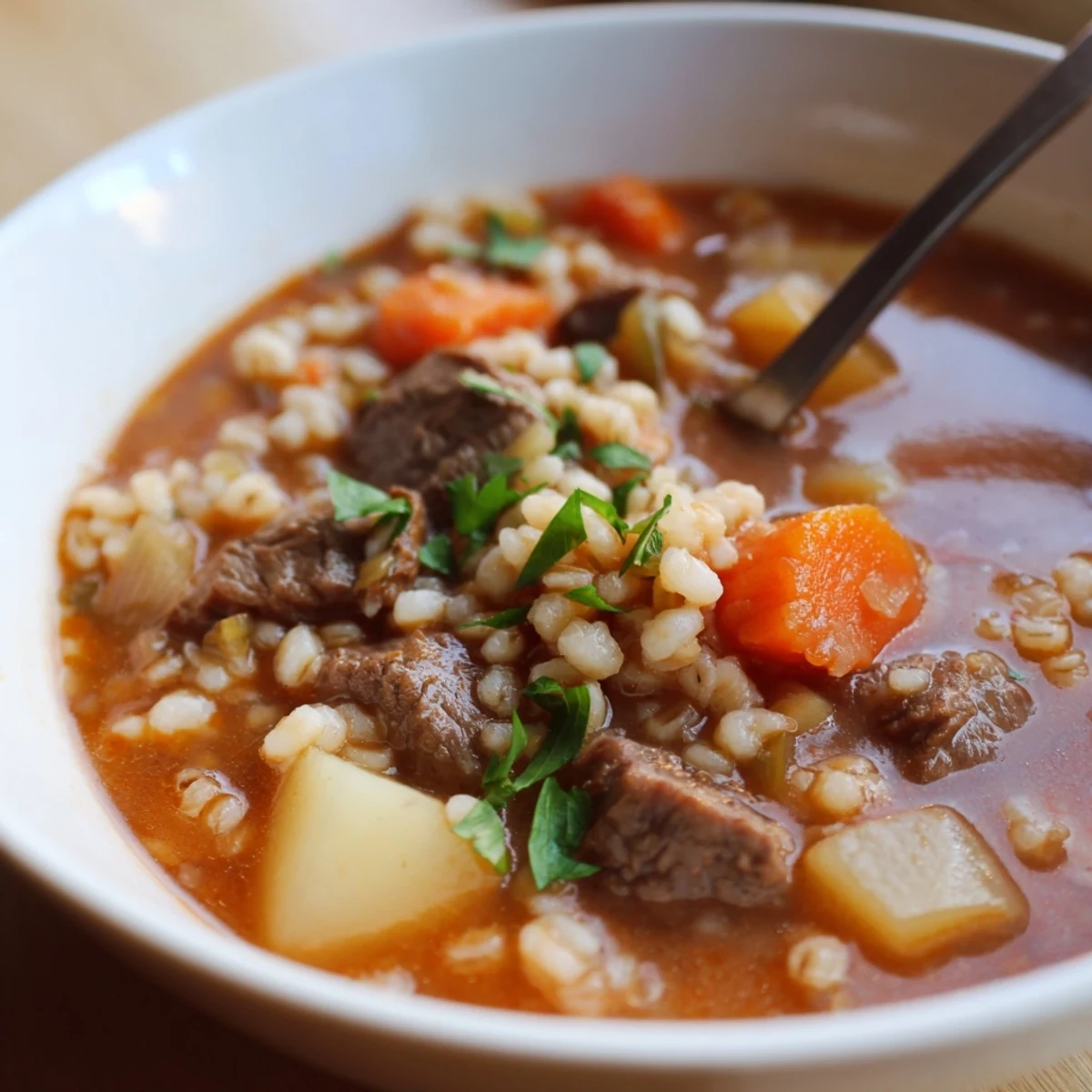 Hearty Beef and Pearl Barley Soup ladled into a rustic bowl, steam rising, with crusty bread on the side.