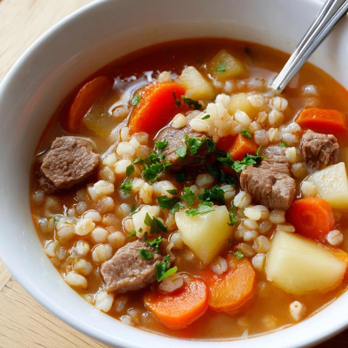 Tender chunks of beef and pearl barley swim in a rich broth with carrots and herbs in a rustic bowl.