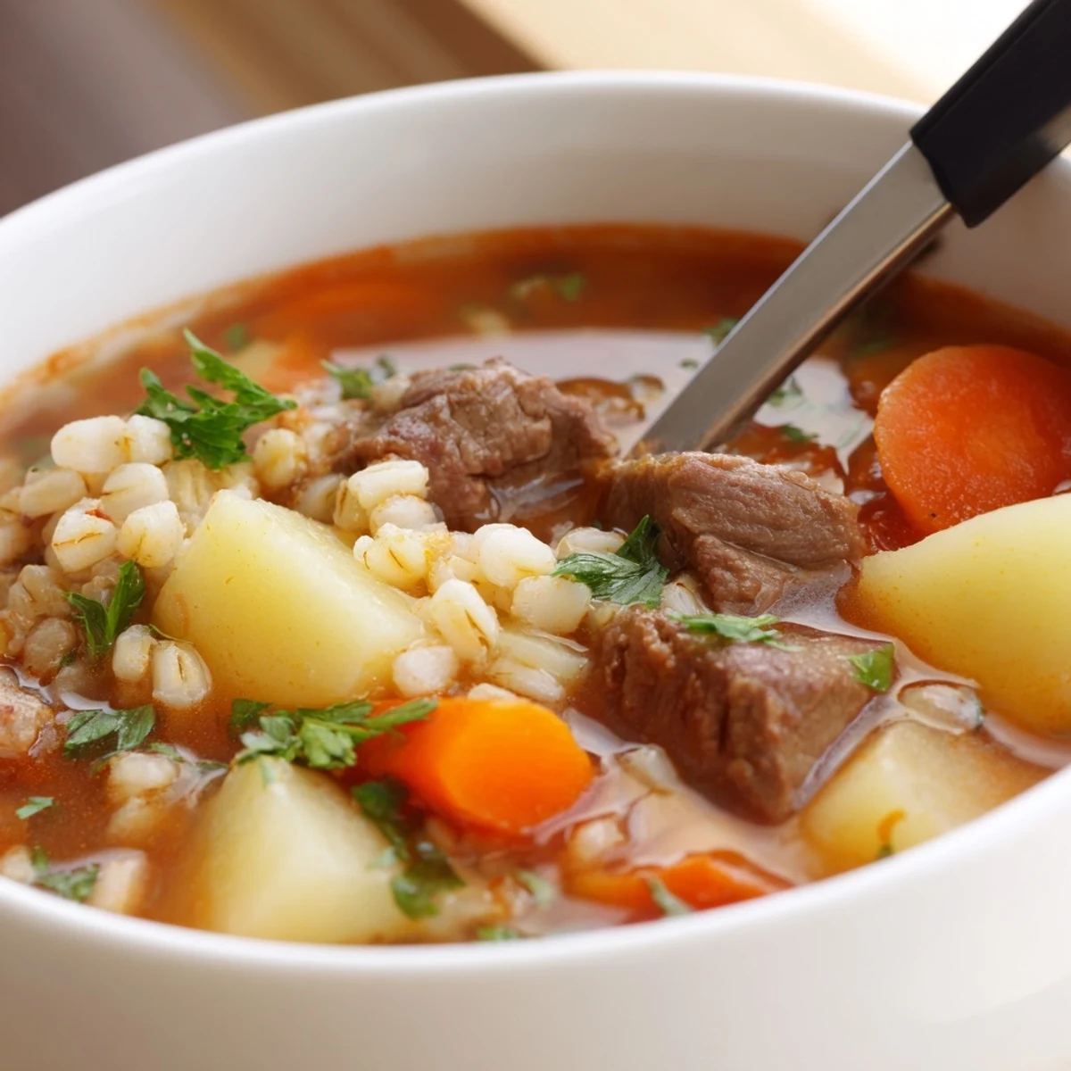 A spoon dips into a cozy bowl of Beef and Pearl Barley Soup, garnished with fresh parsley, perfect for chilly days.