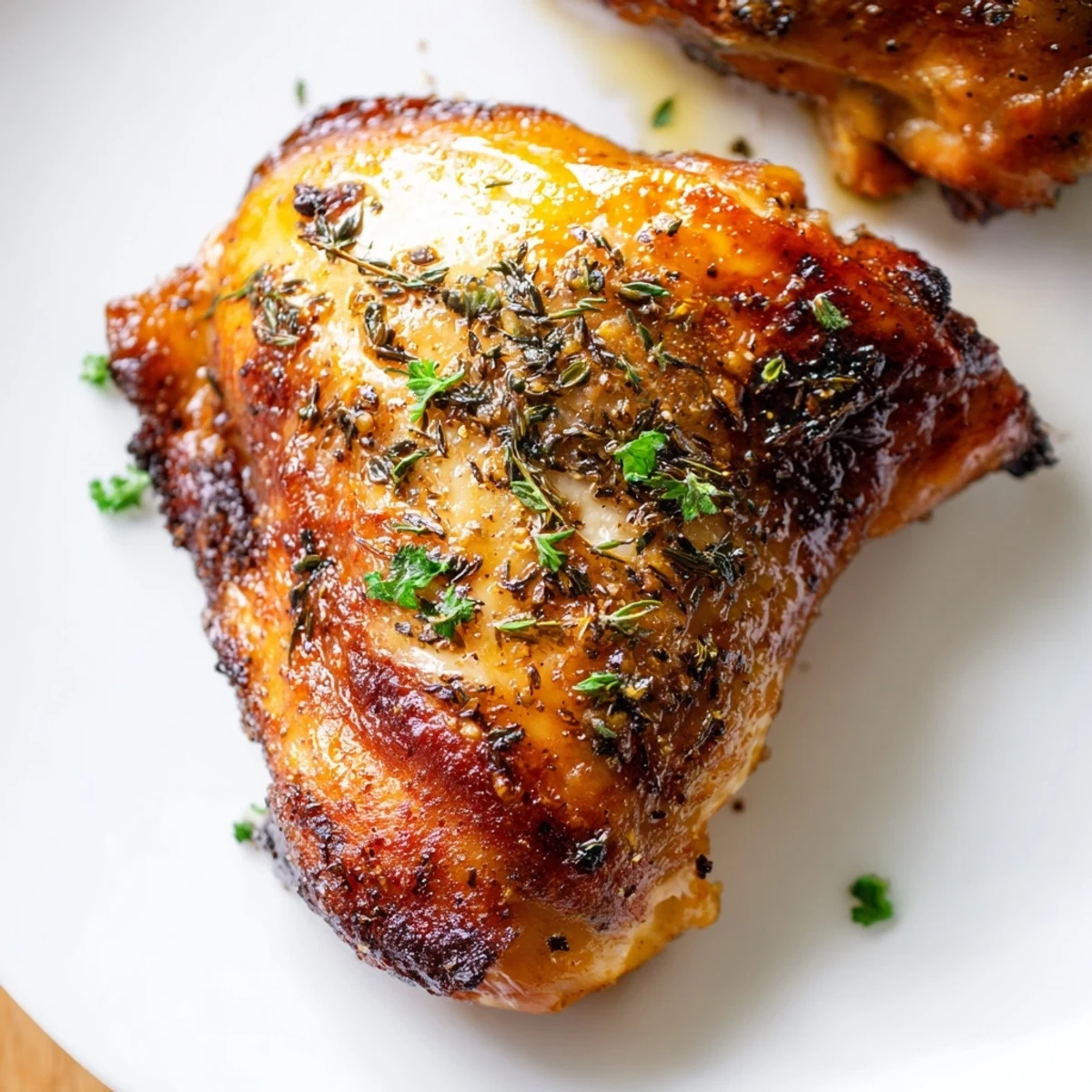 Golden-brown Crispy Skin Chicken thighs fresh from the oven, glistening with paprika seasoning and garnished with fresh parsley.