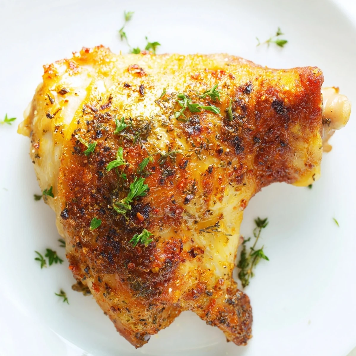 Succulent Crispy Skin Chicken roasted to perfection with crackling skin, served hot with lemon wedges on a rustic plate.