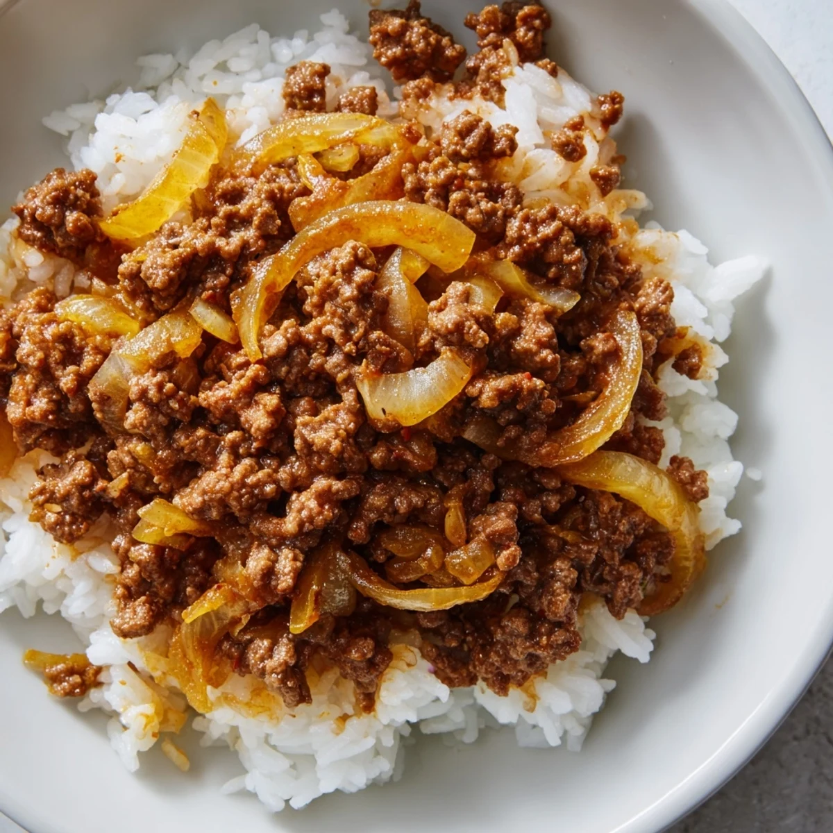 Beef Mince with Onions served over creamy mashed potatoes with a side salad.