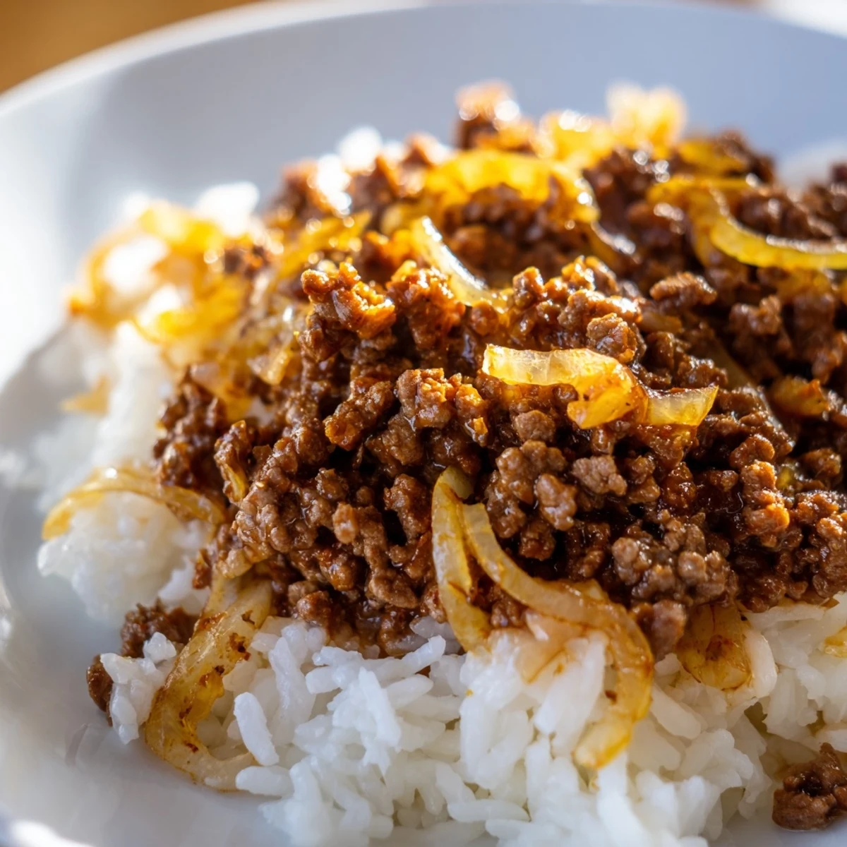 Savory Beef Mince with Onions in a rustic skillet, topped with fresh thyme.