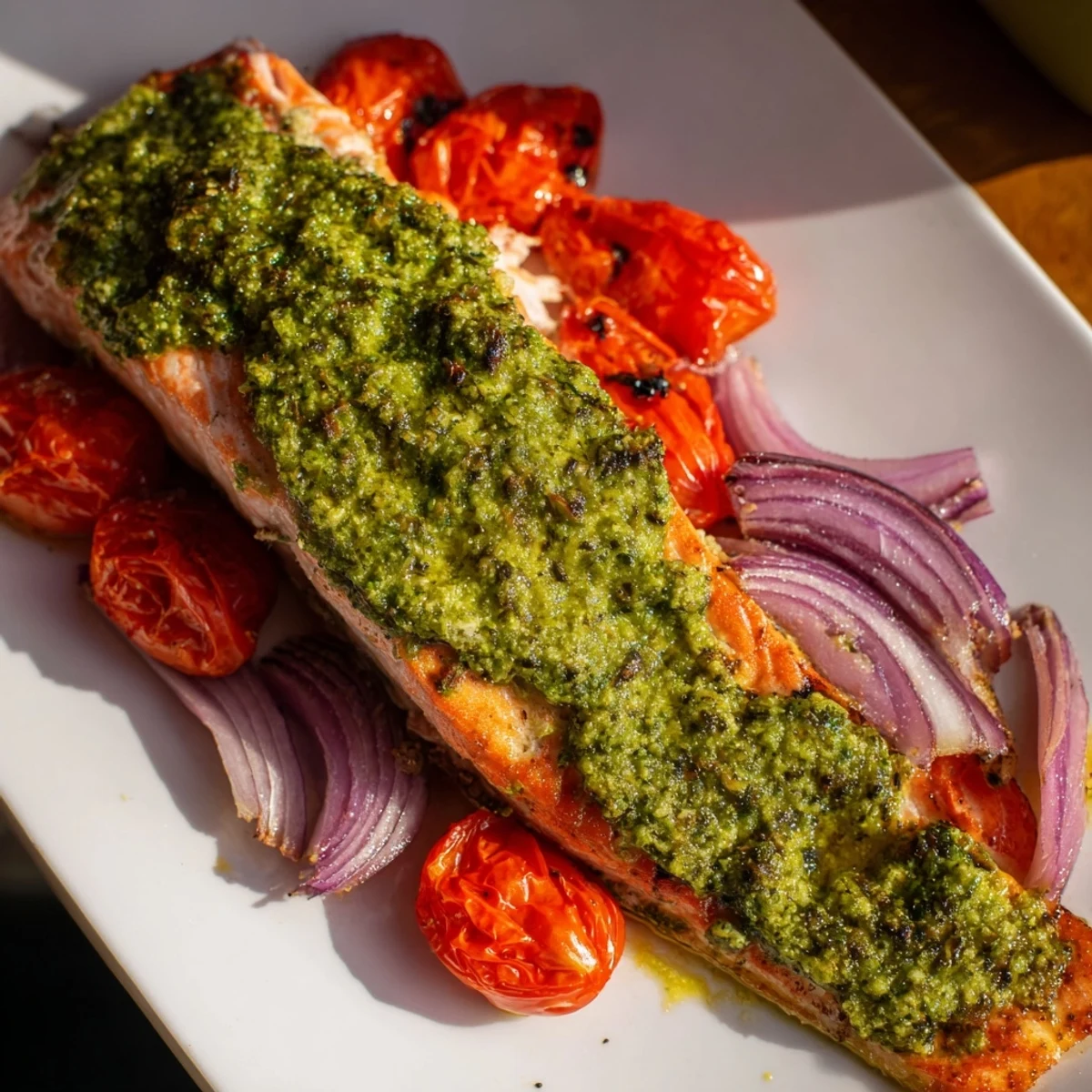 Gebackener Lachs mit Pesto und Cherrytomaten, belegt mit Basilikum und Zitronenscheiben auf einem Tablett.