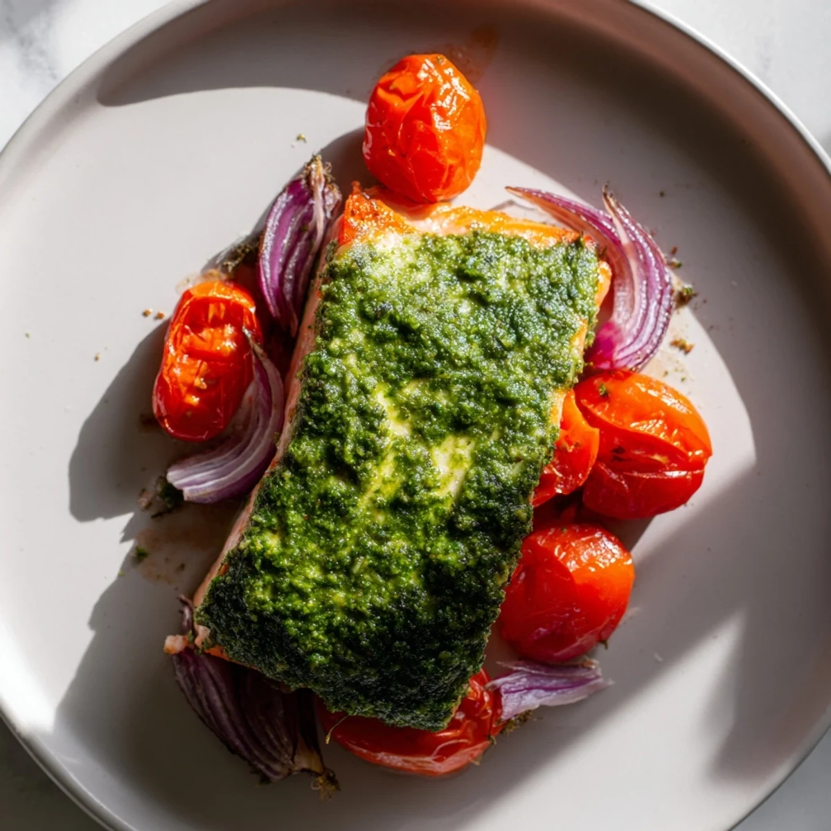 Dieses Rezept zeigt gebackenen Lachs mit Pesto und Cherrytomaten, auf Pergamentpapier frisch aus dem Ofen.