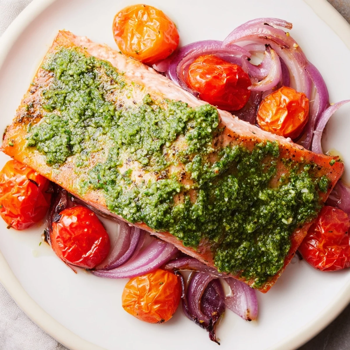 Leckerer gebackener Lachs mit Pesto und Cherrytomaten, serviert mit frischen Basilikumblättern und Zitrone.