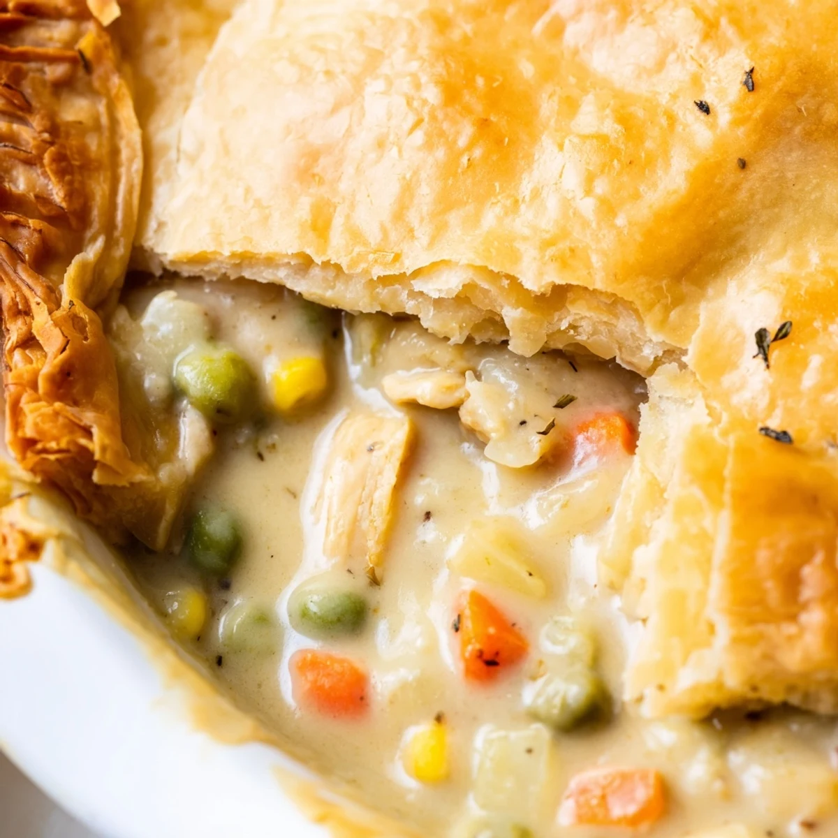 Frisch gebackenes Puten-Pot-Pie mit Puff-Pastry-Spitze, serviert mit Salat für ein herzhaftes Abendessen.