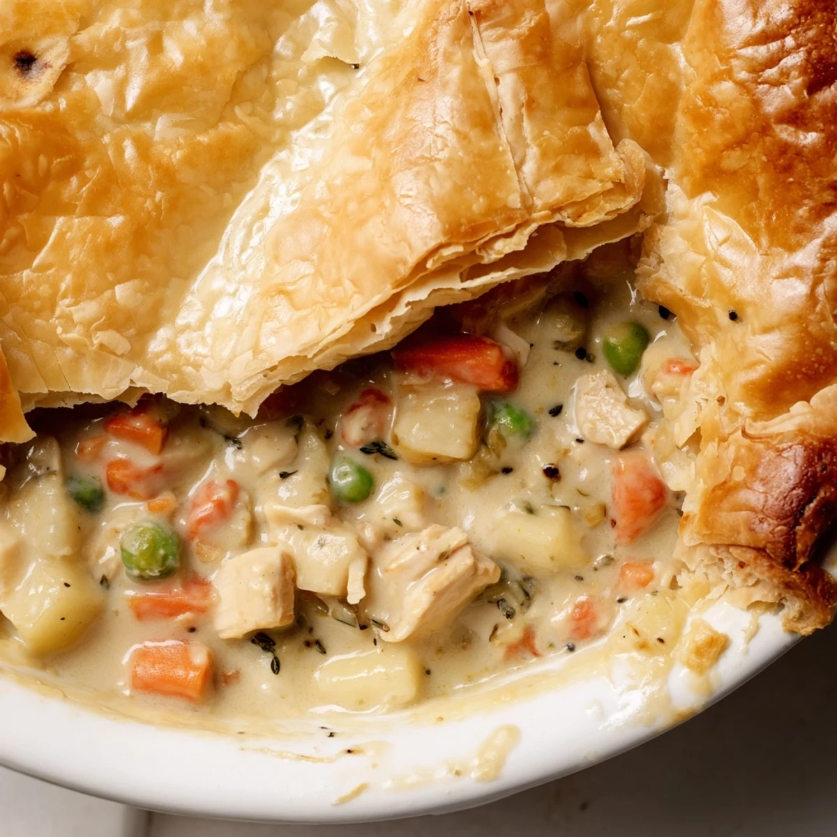 Goldenes, blätterteiges überbackenes Puten-Pot-Pie mit cremiger Füllung aus Truthahn und Gemüse.