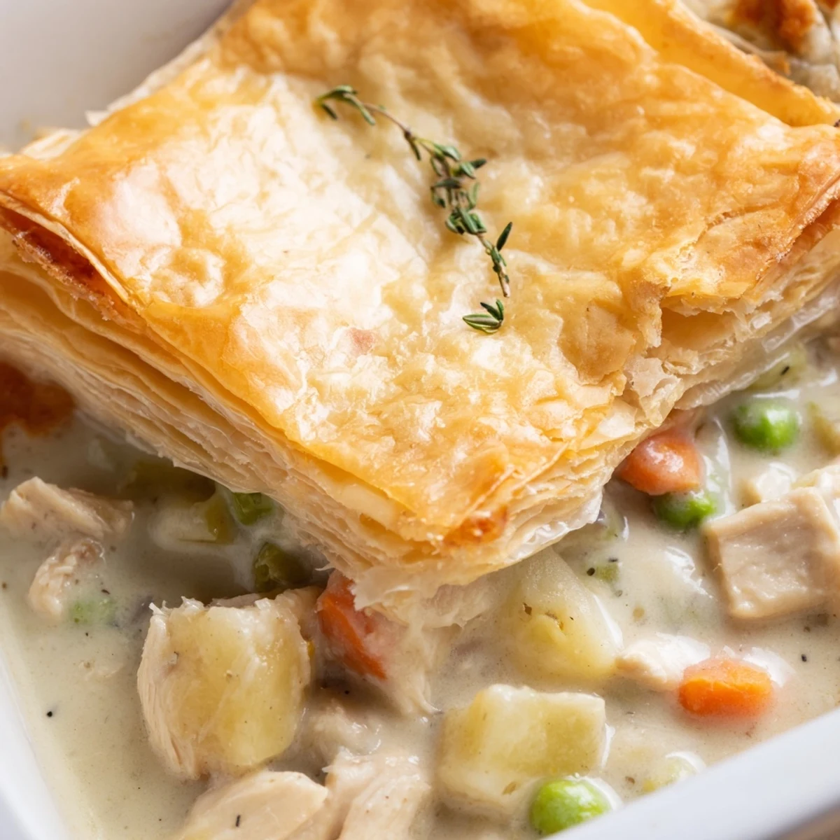 Cremiges Puten-Pot-Pie mit knuspriger Puff-Pastry-Krone und dampfender, reichhaltiger Füllung aus dem Ofen.
