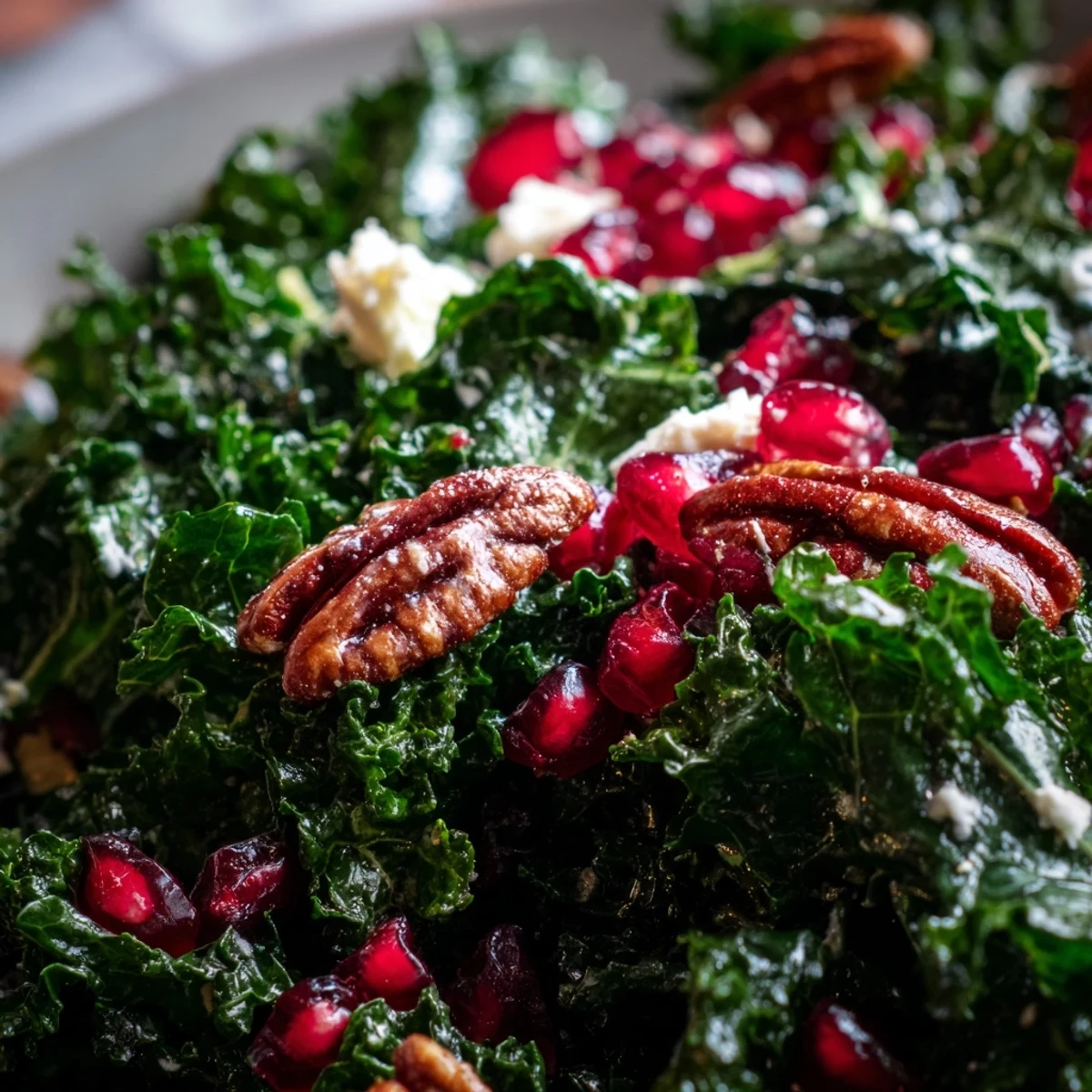 Frischer Winter-Kale-Salat mit roten Pomegranate-Kernen und goldbraunen Pecans auf weißem Teller.