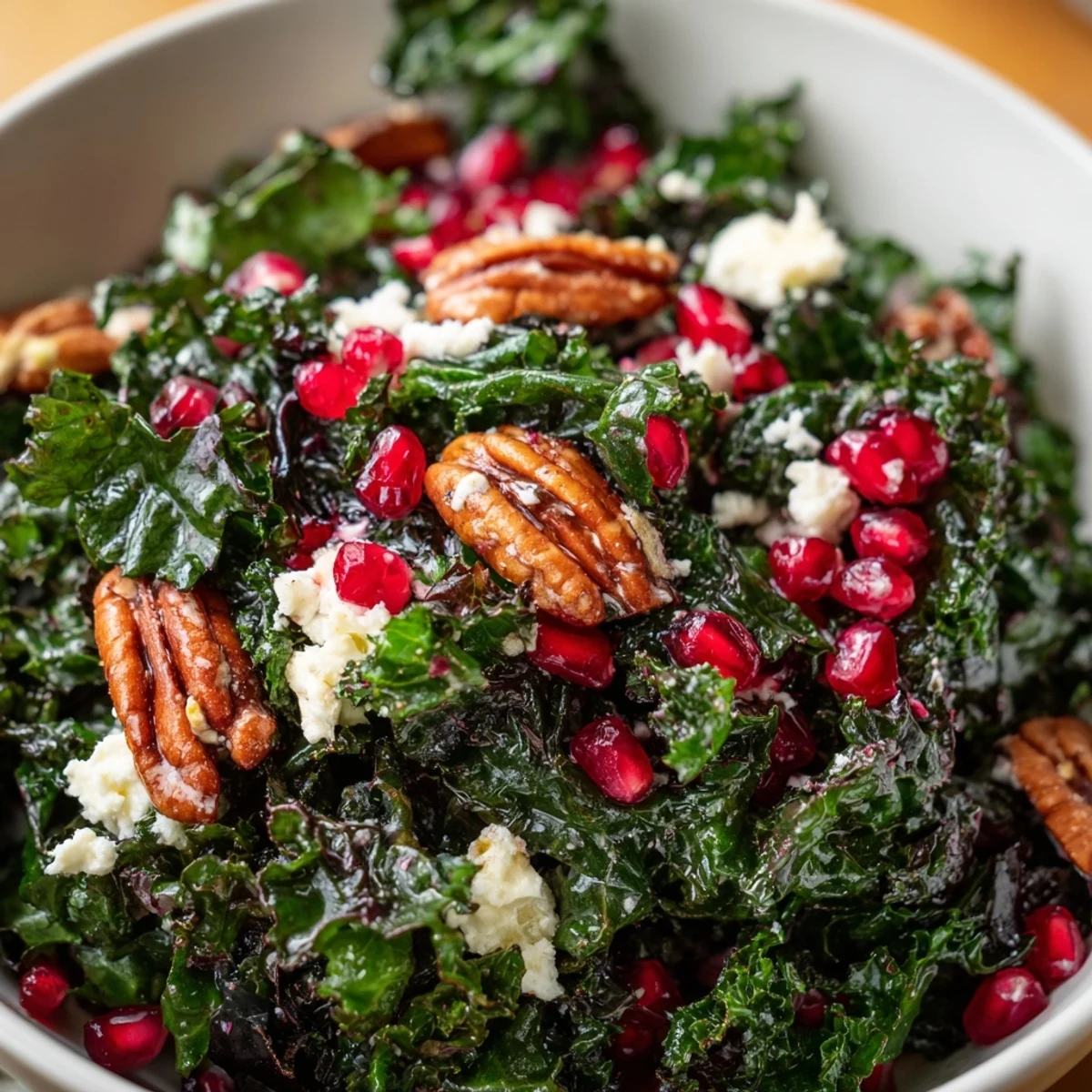 Genieße diesen Kale-Salat mit Pomegranate und Pecans als vegetarisches Hauptgericht oder Beilage.