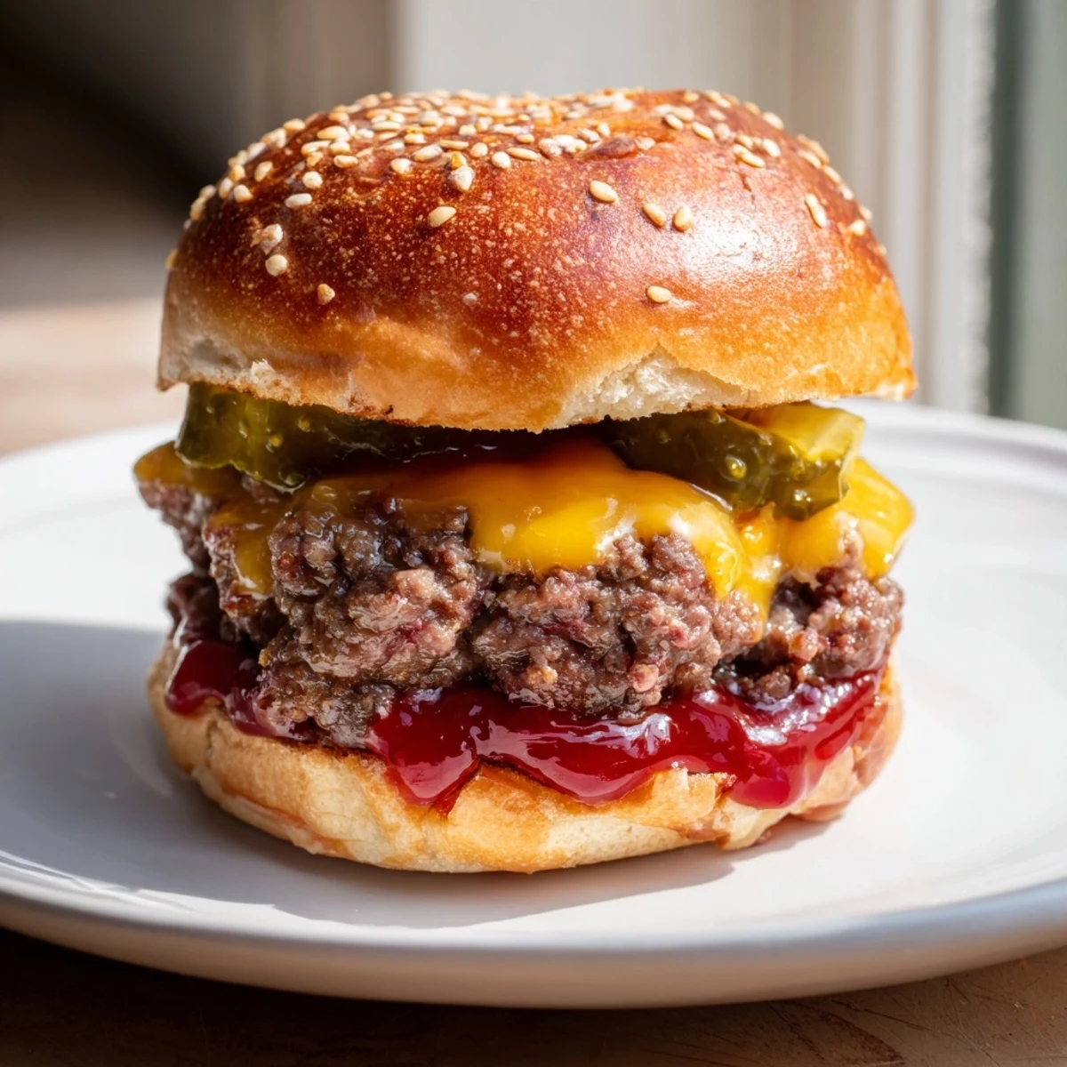 Mini-Rinder-Burger mit geschmolzenem Käse und knackigen Gurken auf weichen Brötchen, frisch vom Grill.