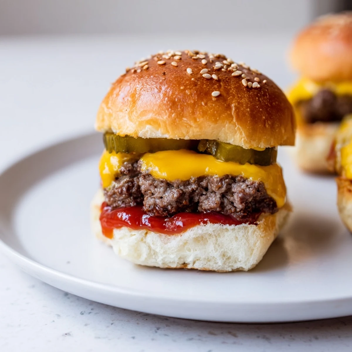 Goldbraun gebackene Cheese Sliders mit süß-saurer Essiggurke, perfekt für Partys und Grillabende.