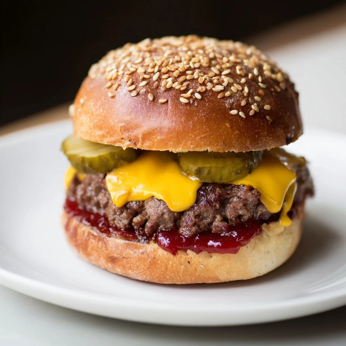 Saftige Beef Sliders mit cheddar überbacken, belegt mit sauren Gurkenscheiben und rostigen Zwiebelringen.