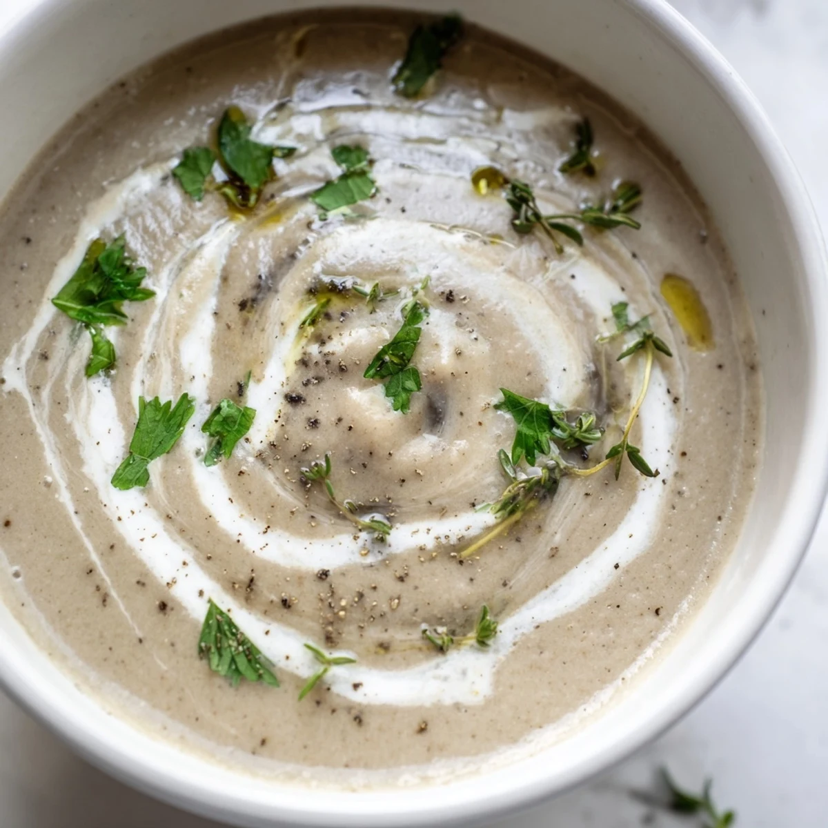 Creamy Mushroom Soup with Thyme steaming in a rustic bowl, garnished with thyme sprigs for a cozy meal.