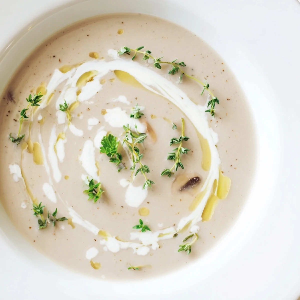 Hearty Creamy Mushroom Soup with Thyme served alongside toasted bread, perfect for a comforting dinner.