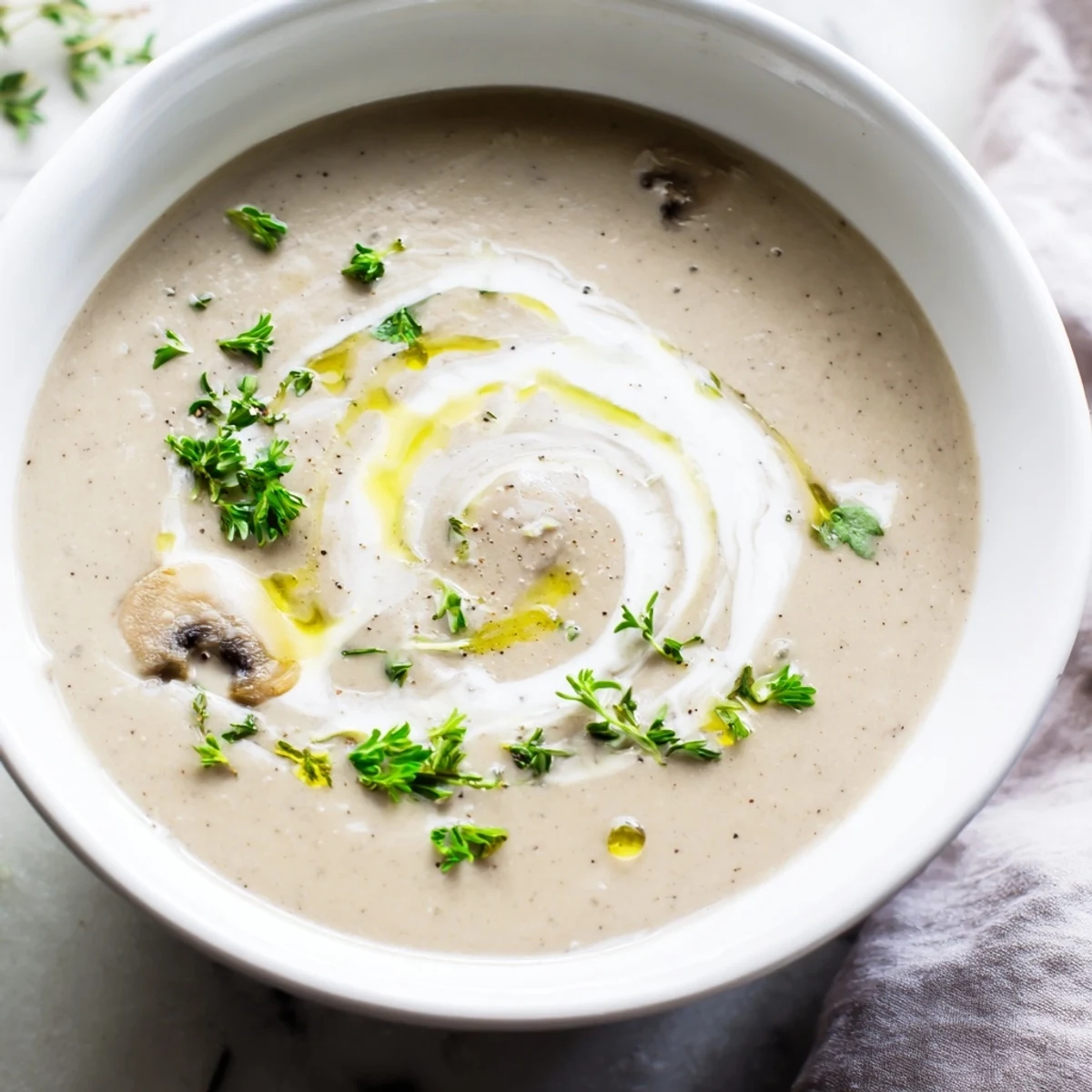 Smooth Creamy Mushroom Soup with Thyme drizzled with olive oil, aromatic herbs visible on top.