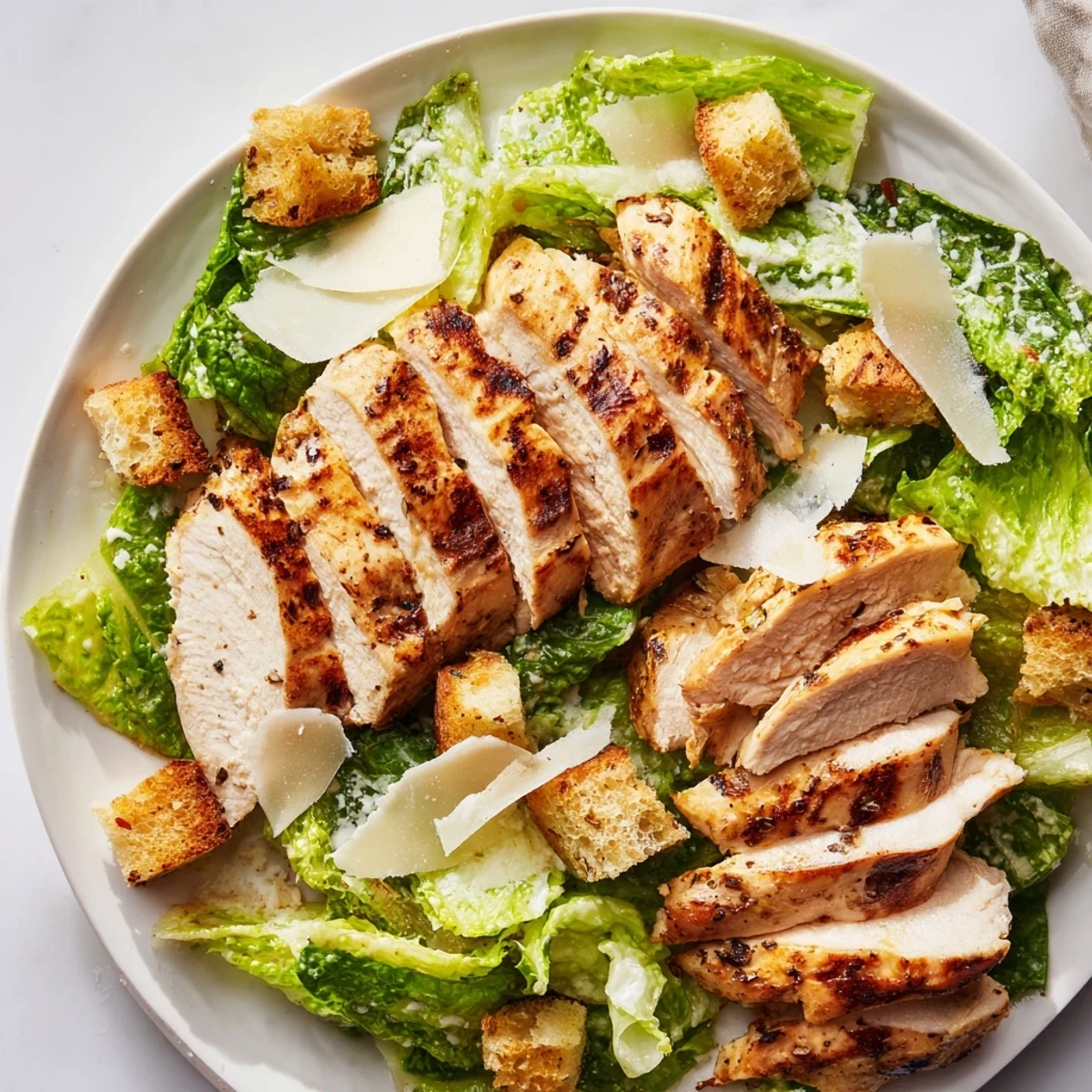 Juicy grilled chicken on crisp romaine lettuce with golden homemade croutons and rich Caesar dressing, topped with shaved parmesan.