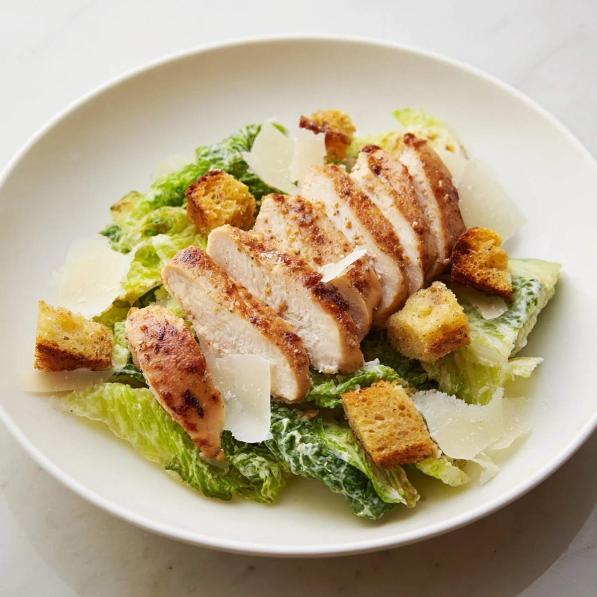 Freshly made croutons add a crunchy texture to this hearty Chicken Caesar Salad, served with creamy dressing and chicken.