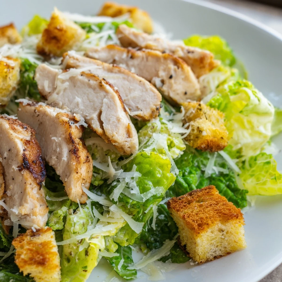 Classic Chicken Caesar Salad with homemade croutons, combining tender grilled chicken, crisp greens, and tangy parmesan cheese.