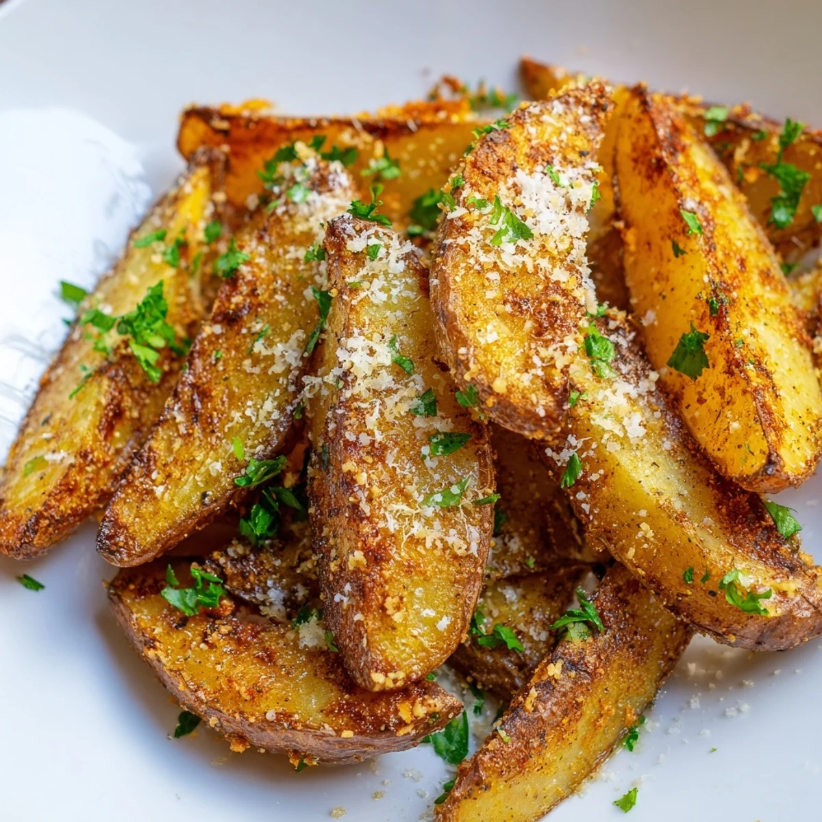 Gebäckte Crispy Oven Baked Potato Wedges mit Dip auf einem rustikalen Teller.