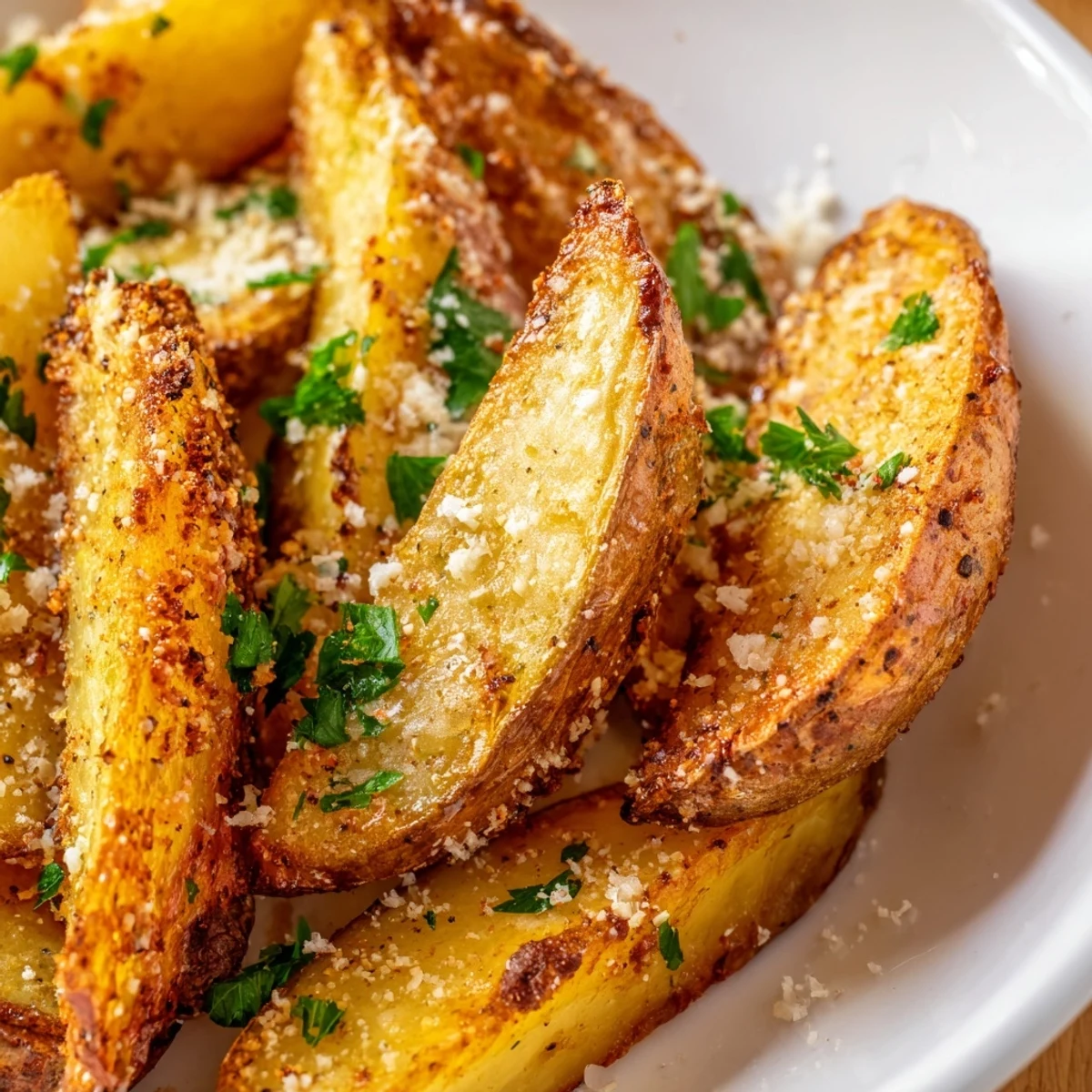 Goldene Crispy Oven Baked Potato Wedges mit frischer Petersilie und Parmesan bestreut.