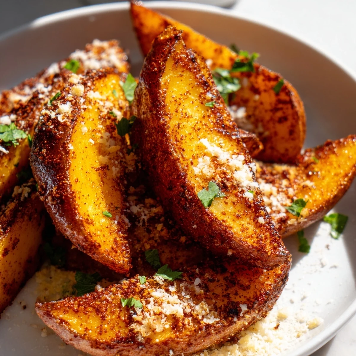 Warm Crispy Oven Baked Potato Wedges aus dem Ofen mit goldenen Kanten.