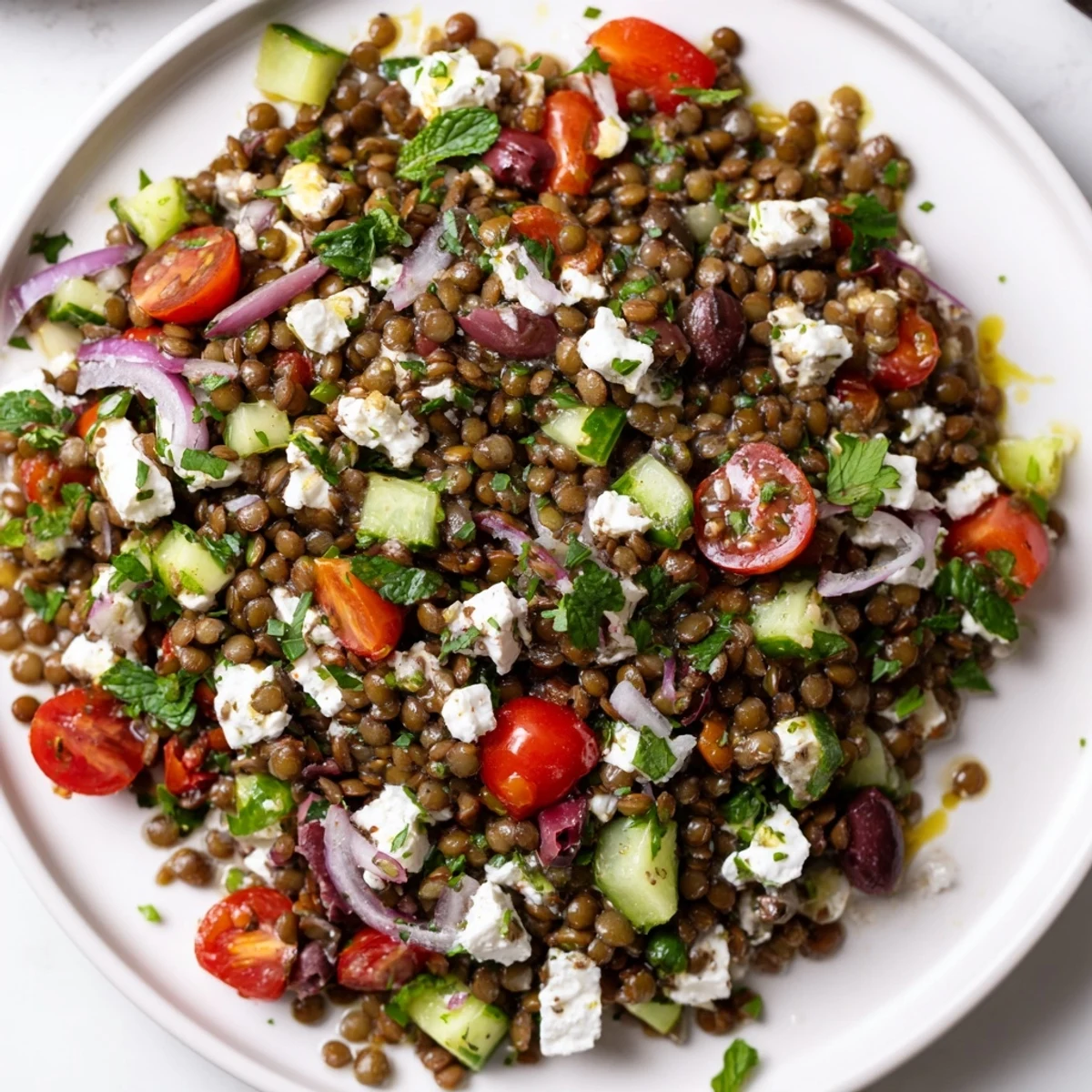 Mediterranean Lentil Salad with Feta mit Kalamata-Oliven und Zitronen-Vinaigrette auf einem weißen Teller.