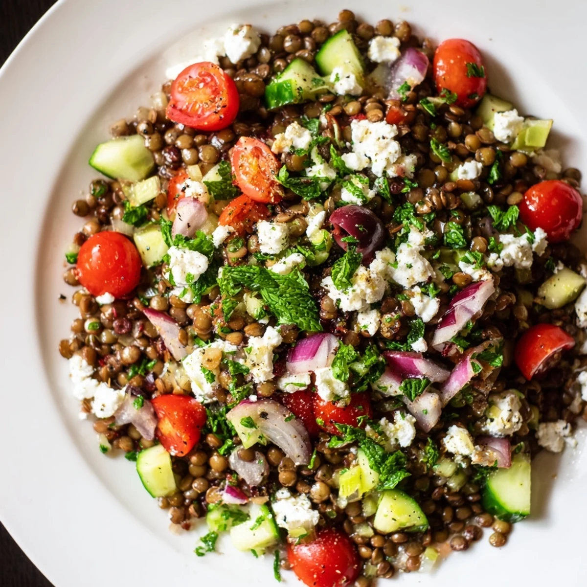 Gehackte Mediterranean Lentil Salad with Feta mit frischer Petersilie, Minze und Feta auf dunklem Holz.