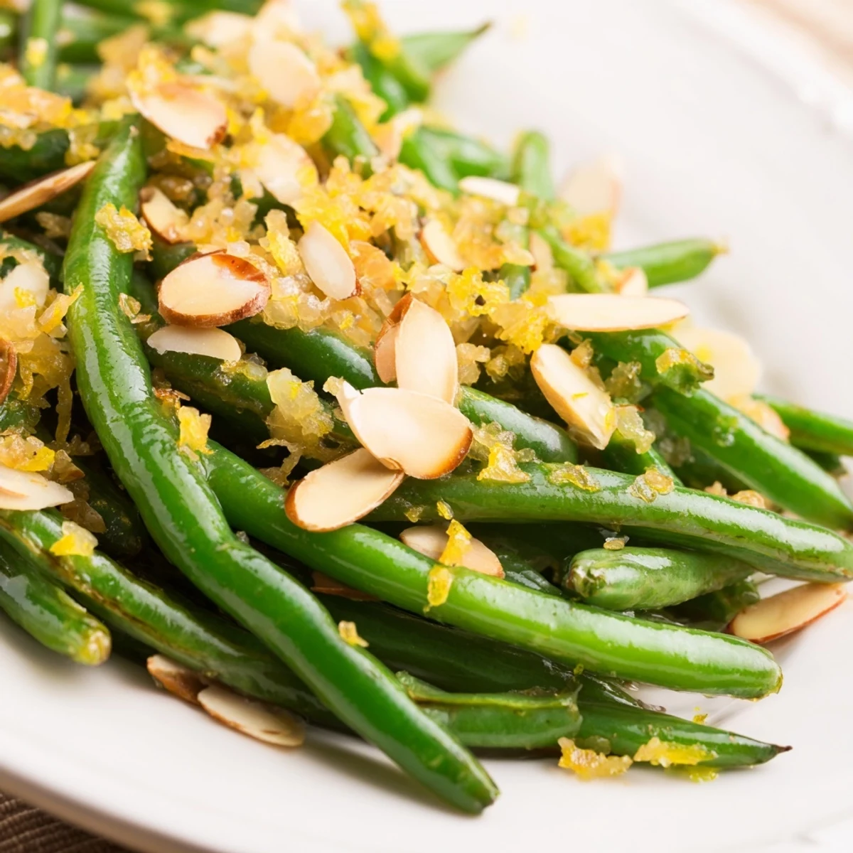 A close-up of Lemon Garlic Green Beans with Almonds with glistening olive oil, minced garlic, and crunchy almond slices.