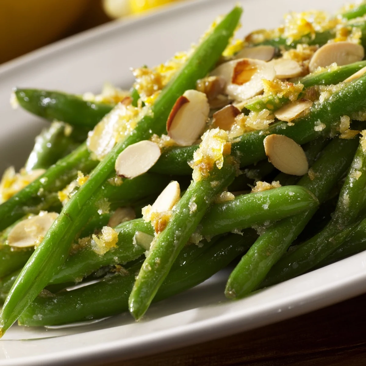 Zesty Lemon Garlic Green Beans with Almonds served alongside grilled salmon, showcasing bright green beans and golden toasted nuts.