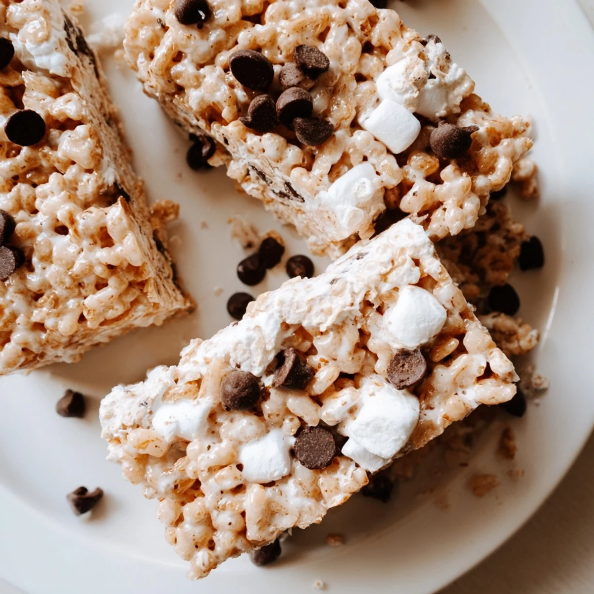 Frisch geschnittene Crispy Treat Bar, voller Marshmallows und Cerealien, auf Backpapier.
