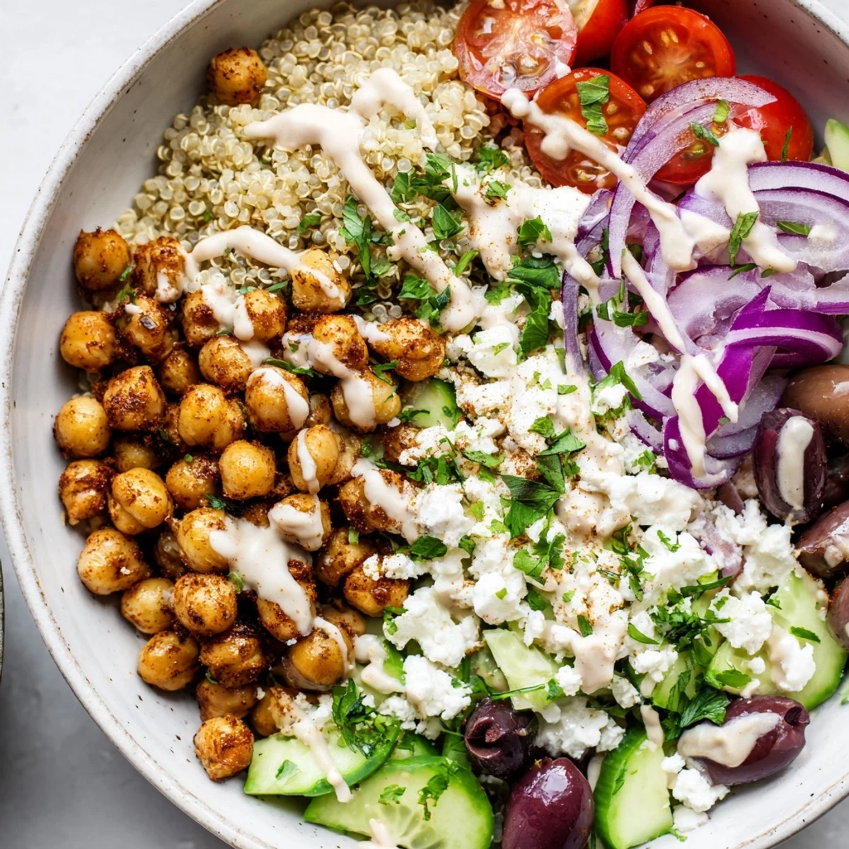 Frisch zubereitete Mediterranean Meal Bowl mit knusprigen Chickpeas und cremiger Zitronen-Tahini-Sauce
