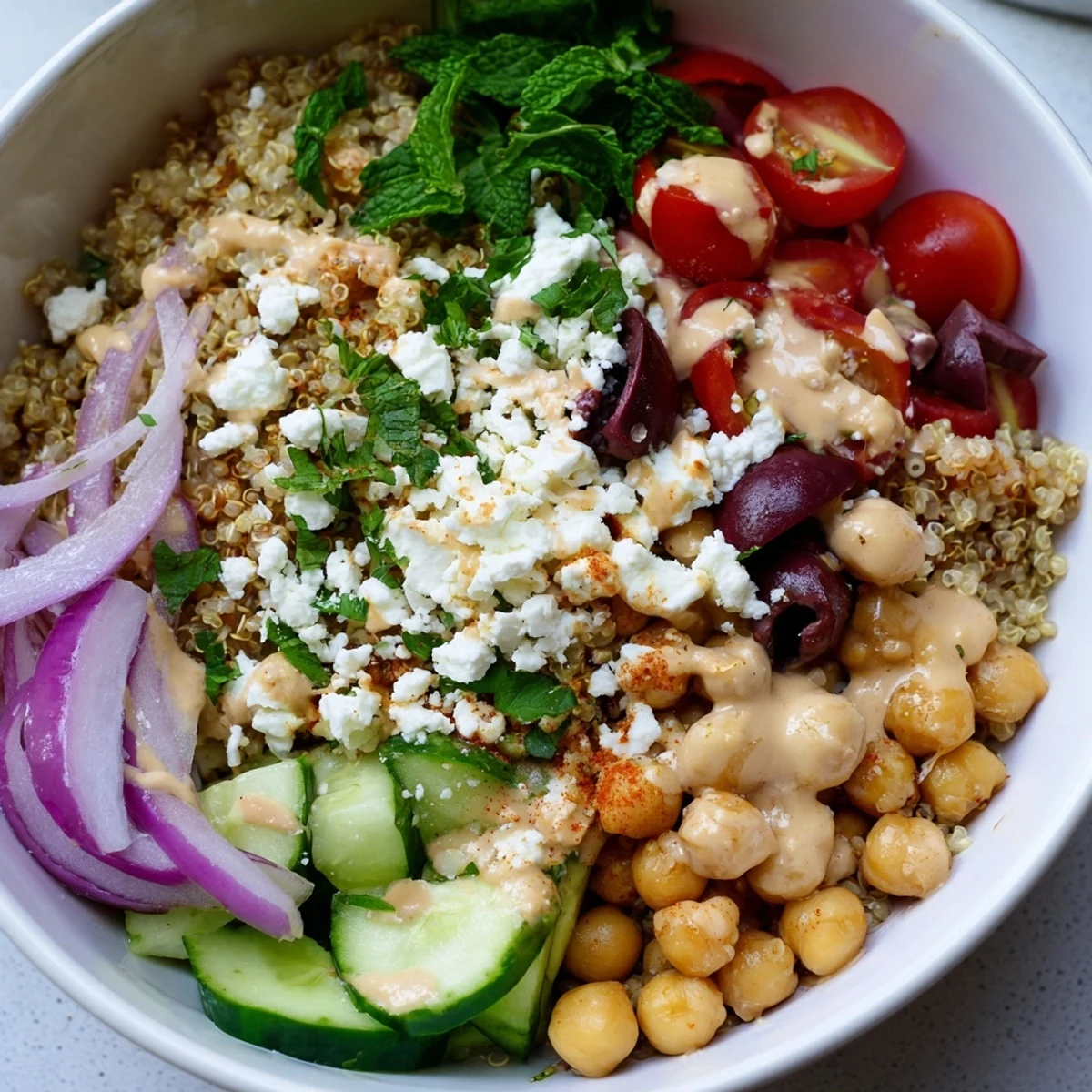 Buntes Schüsselbild mit Kalamata-Oliven, Feta und Kräutern auf hellem Quinoa-Bett