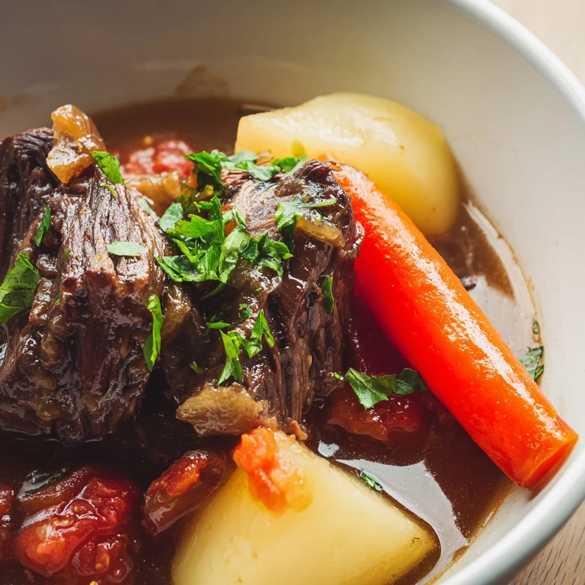 Slow Cooker Meal Pot mit zartem Rindfleisch, Karotten und Kartoffeln, serviert mit frischer Petersilie.