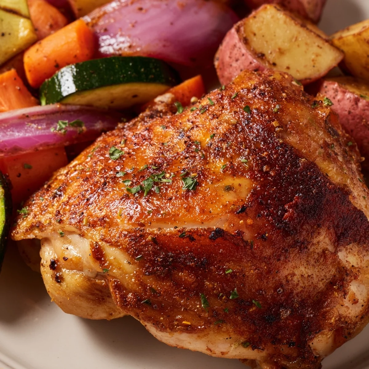 Goldene Ofenschaumplatte mit knusprigen Hähnchenschenkeln und buntem Gemüse, garniert mit frischer Petersilie und Zitronenscheiben