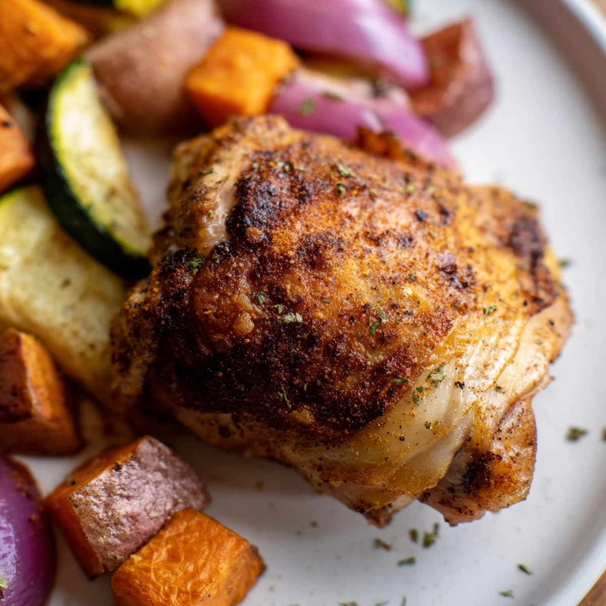 Saftiges Hähnchen mit knuspriger Haut und buntem Ofengemüse auf einem Blech, perfekt für eine schnelle Familienmahlzeit