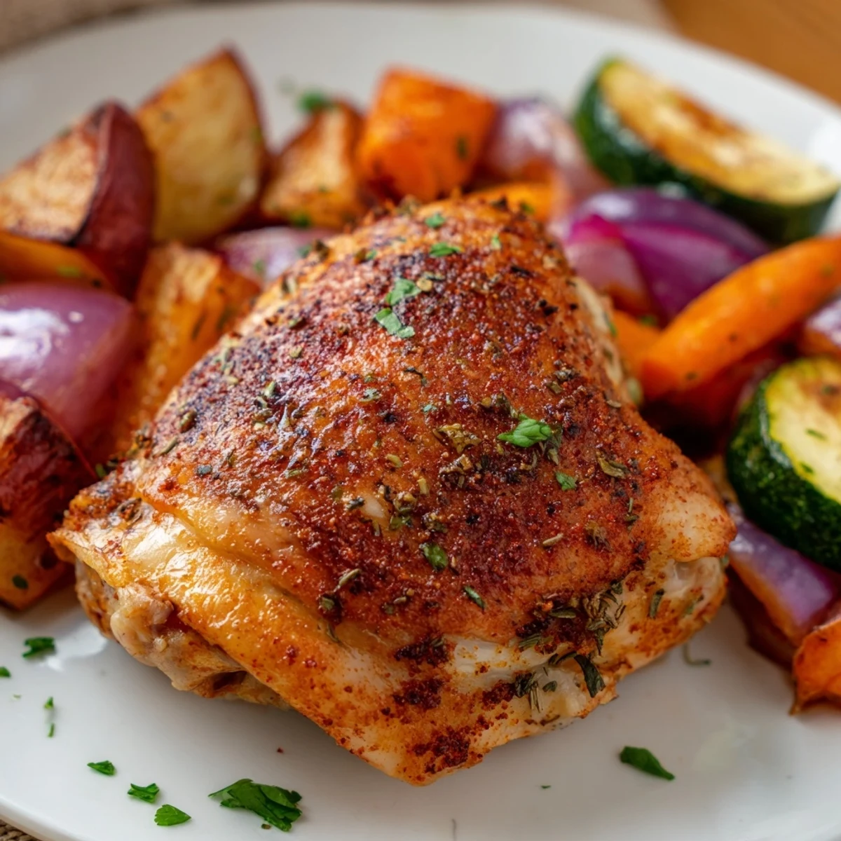 Leckere Ofenschaumplatte mit Hähnchenschenkeln, buntem Gemüse und Kräutern, rustikal angerichtet auf einem Backblech direkt aus dem Ofen