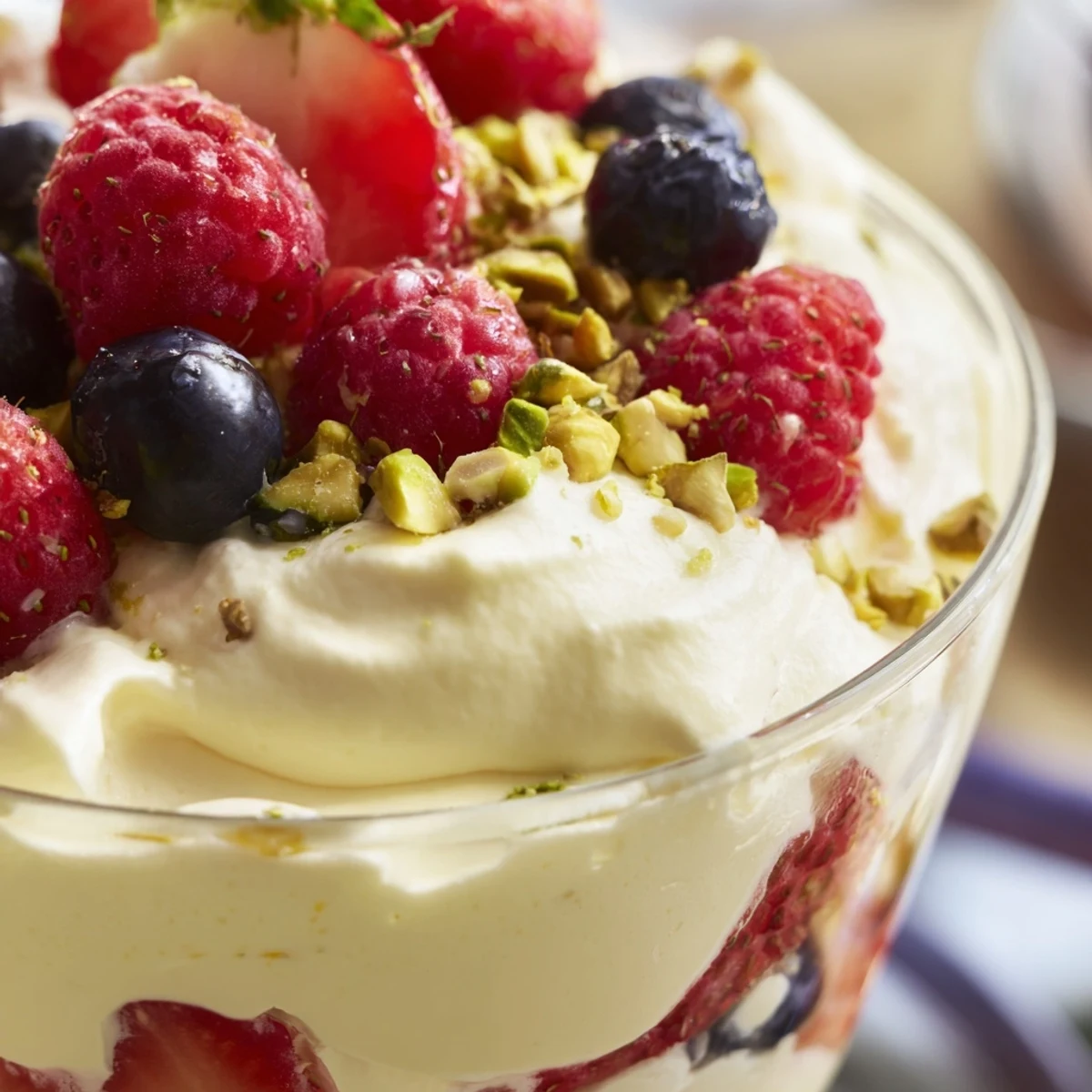 Creamy Treat Dessert with layers of vanilla custard, whipped cream, and fresh berries served chilled.