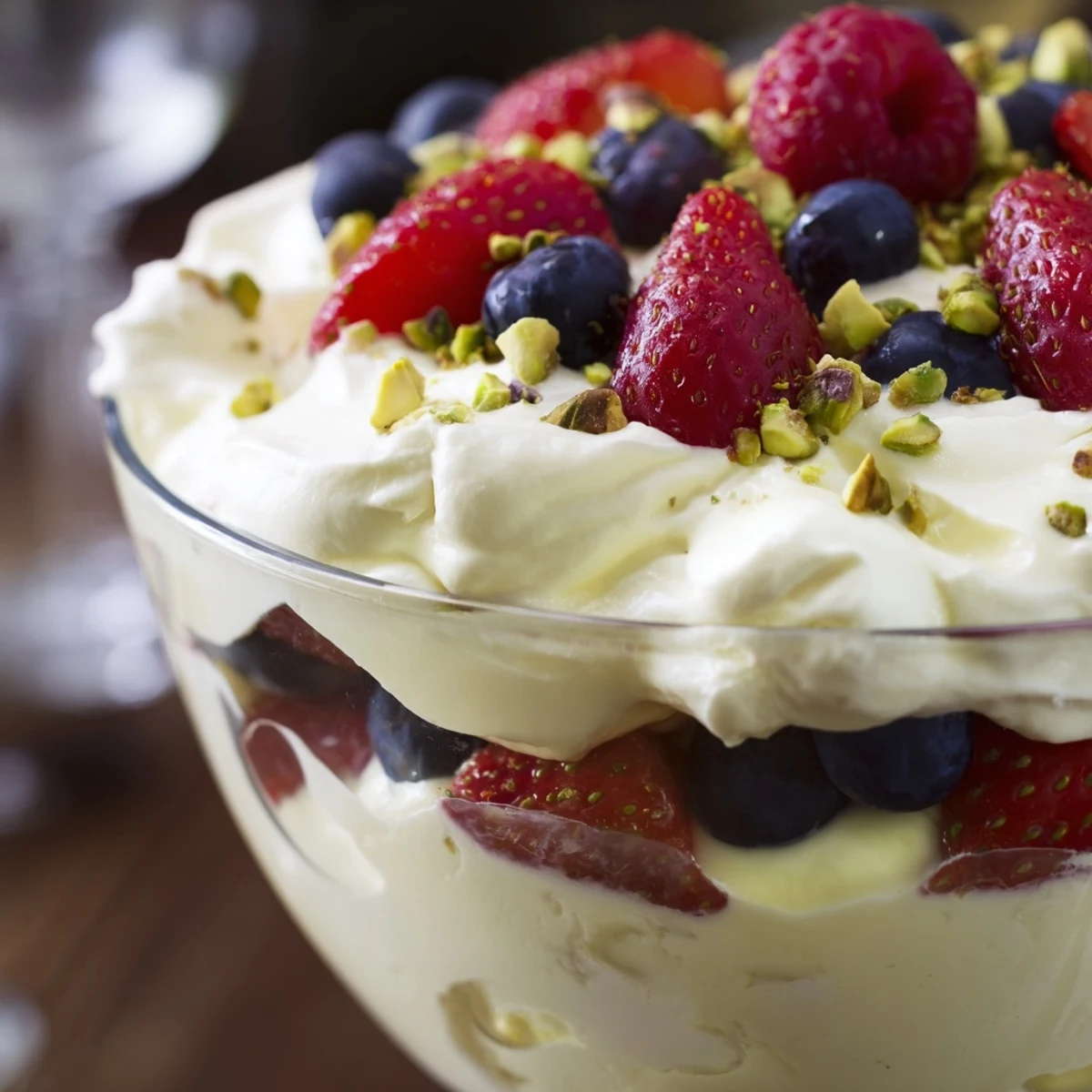 Velvety Creamy Treat Dessert layered in glasses, finished with berries and optional chopped nuts.