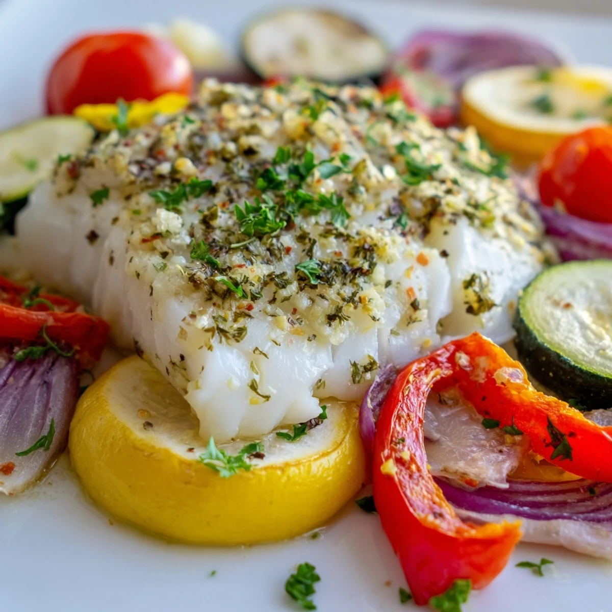 Succulent Baked Cod Dish Platter with roasted vegetables, lemon, and herbs on a baking tray.