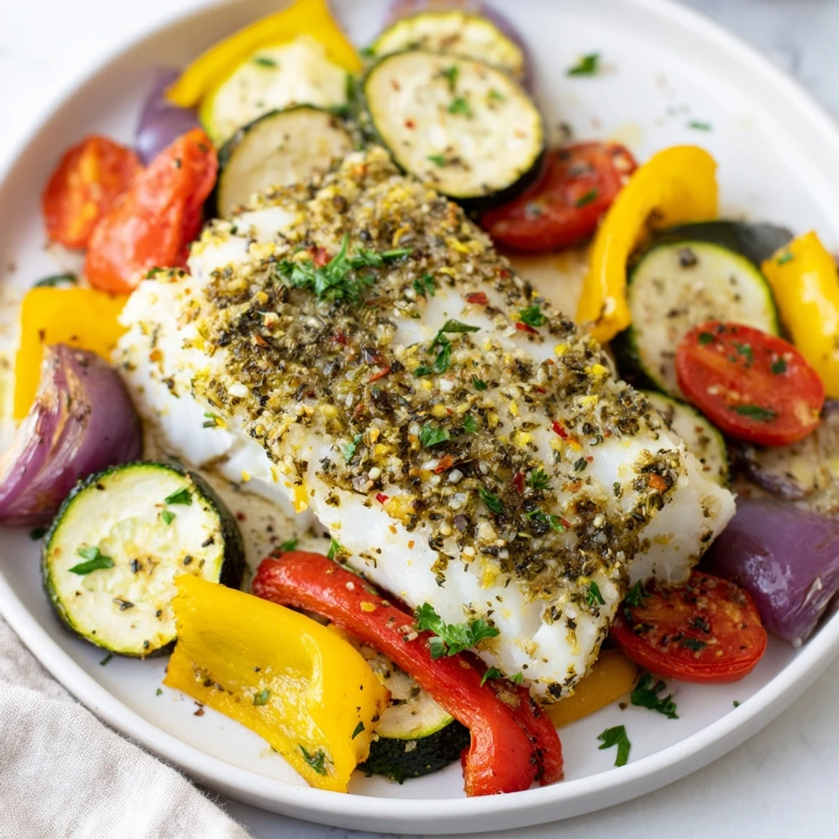 Garlic-herb Baked Cod Dish Platter served alongside colorful peppers, zucchini, and cherry tomatoes.