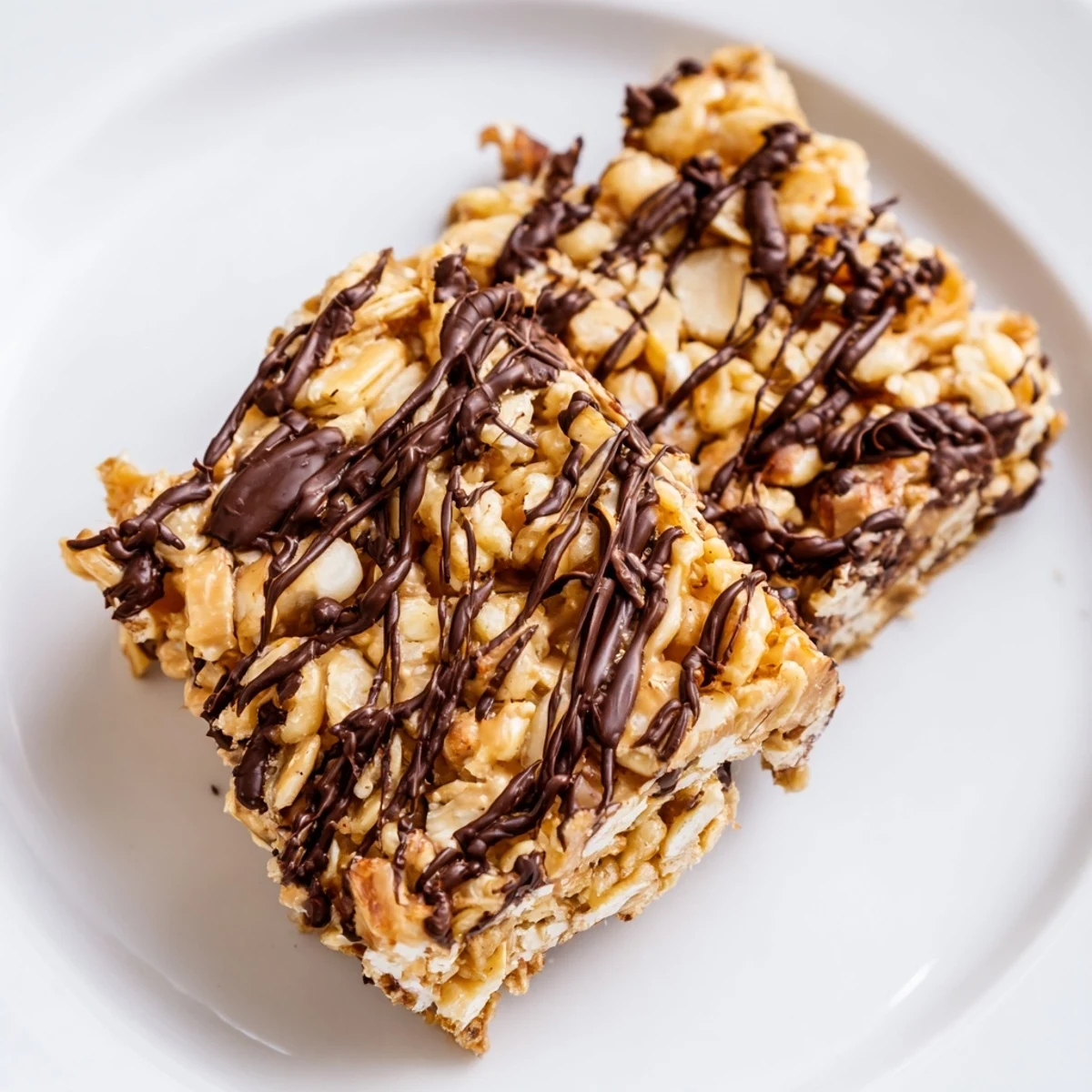 Frisch gebackene Chocolate Snack Bars mit geschmolzener Schokoladenglasur und zerknülltem Pergamentpapier auf einer holzernen Arbeitsfläche.