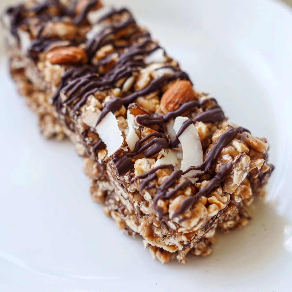 Gebackene Chocolate Snack Bars mit Nüssen und Haferflocken serviert auf einem rustikalen Holzbrett.