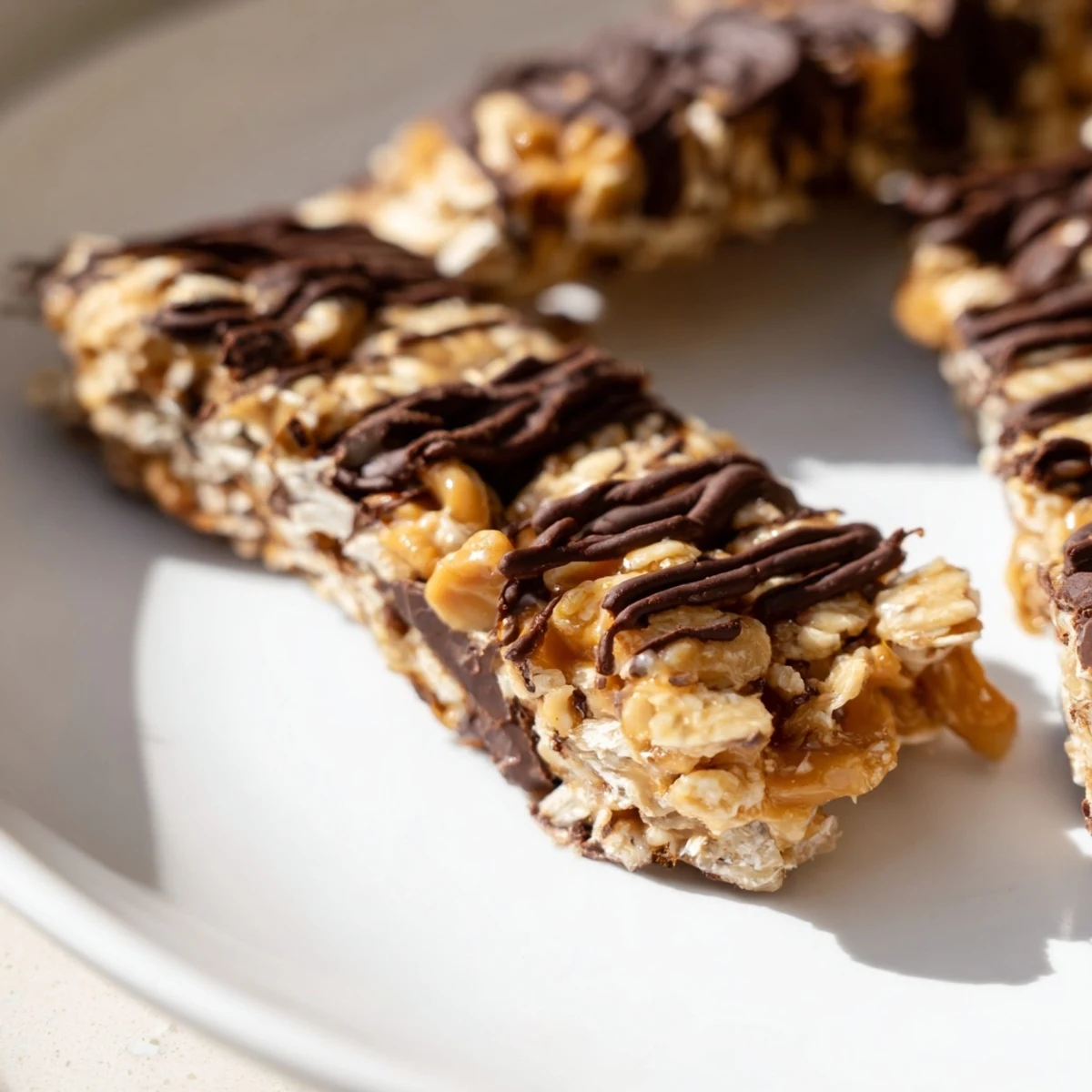 Heiße Chocolate Snack Bars werden gerade aus dem Backofen genommen, umgeben von Haferflocken und Nüssen.